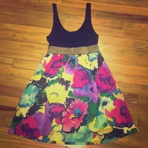 Black, gold, and floral print dress